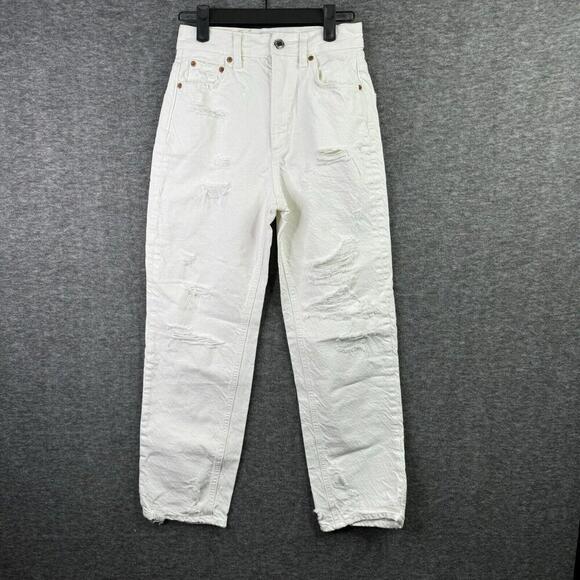 Zara "The Pepper Mom" Womens White Distressed High-Waisted Jeans Size 0‎ Casual - Picture 1 of 7
